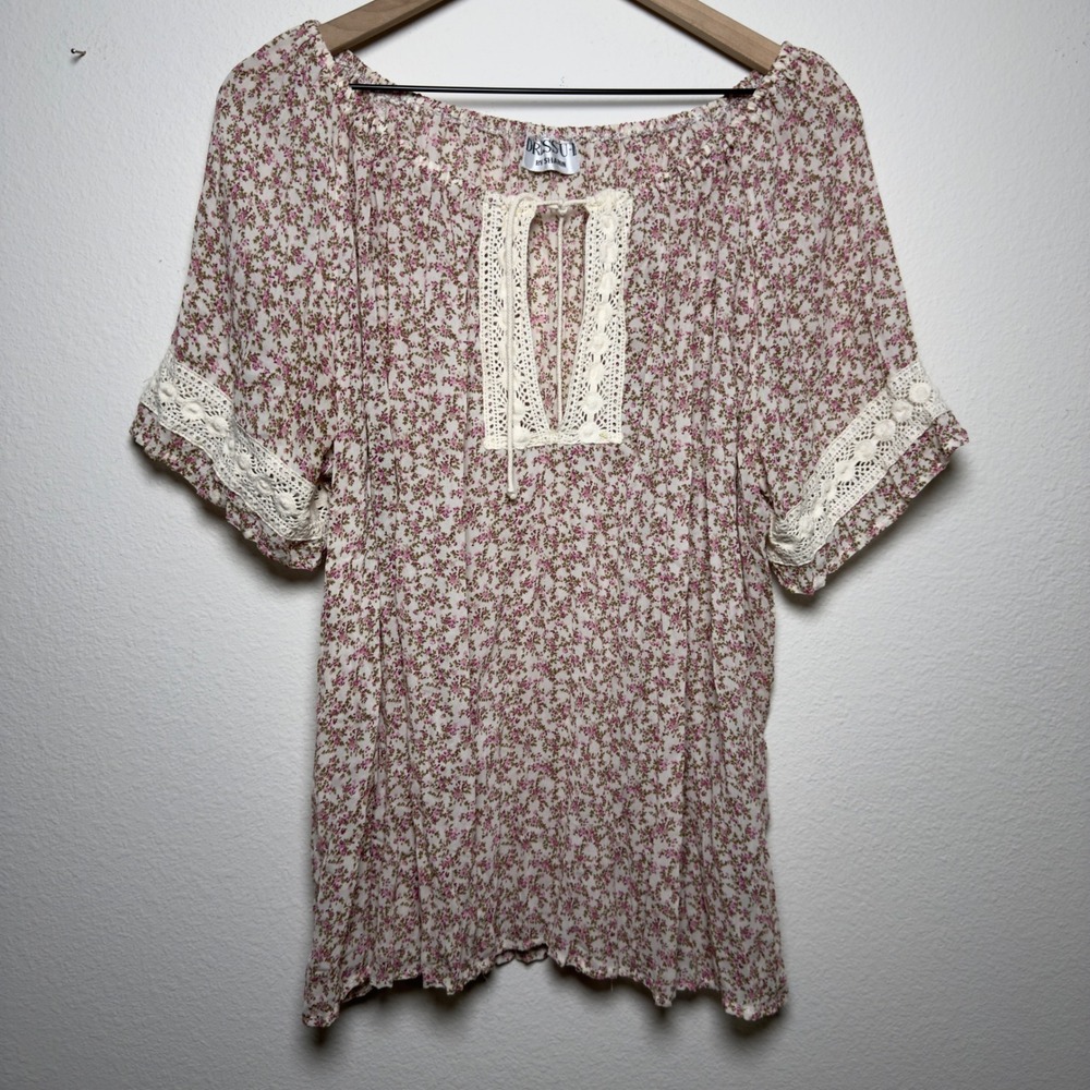Dress U by Sharon‎ Women Top 3X Floral Peasant Blouse Pink White Lace Cottage
